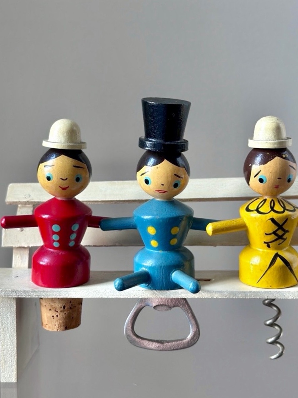 Vintage Wooden Bar Set, Cork, Cork Screw, Bottle Opener, Hand Painted, 1950’s